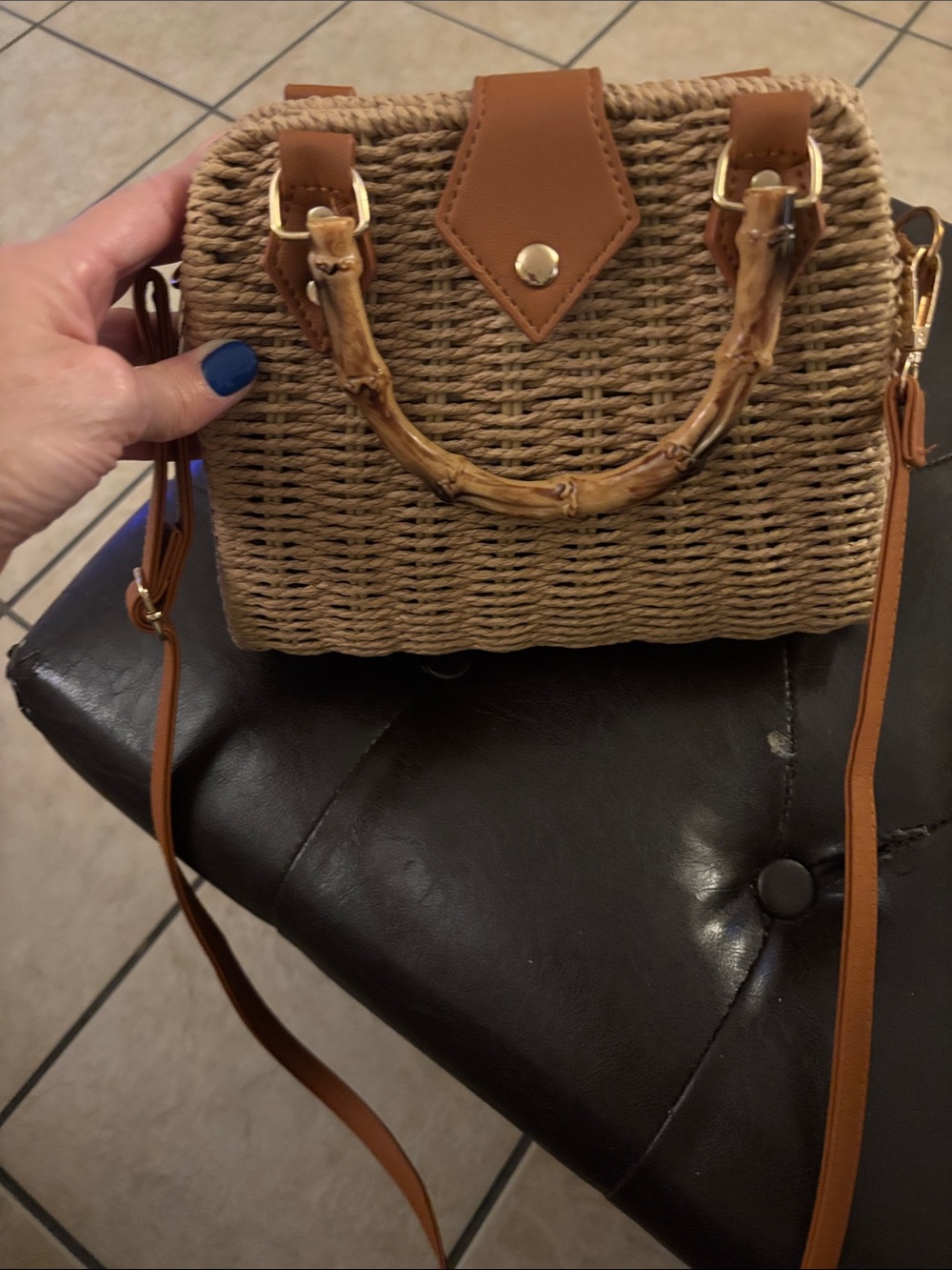 Woven Straw Crossbody Bag with Tan Leather Trim